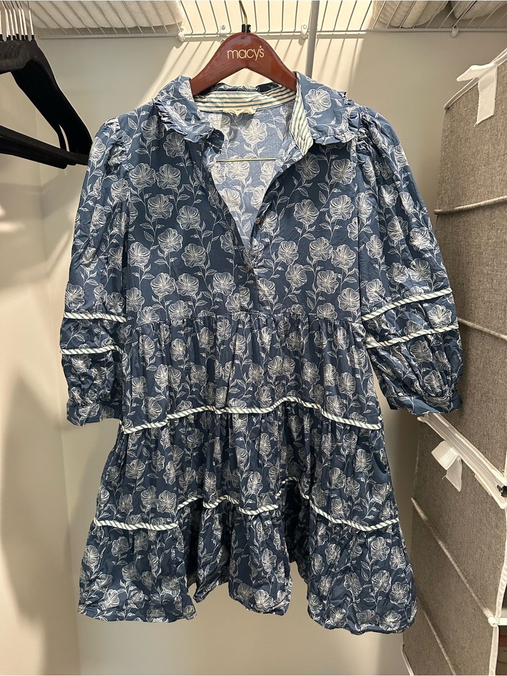entro Blue Floral Tiered Cotton Dress with Puff Sleeves